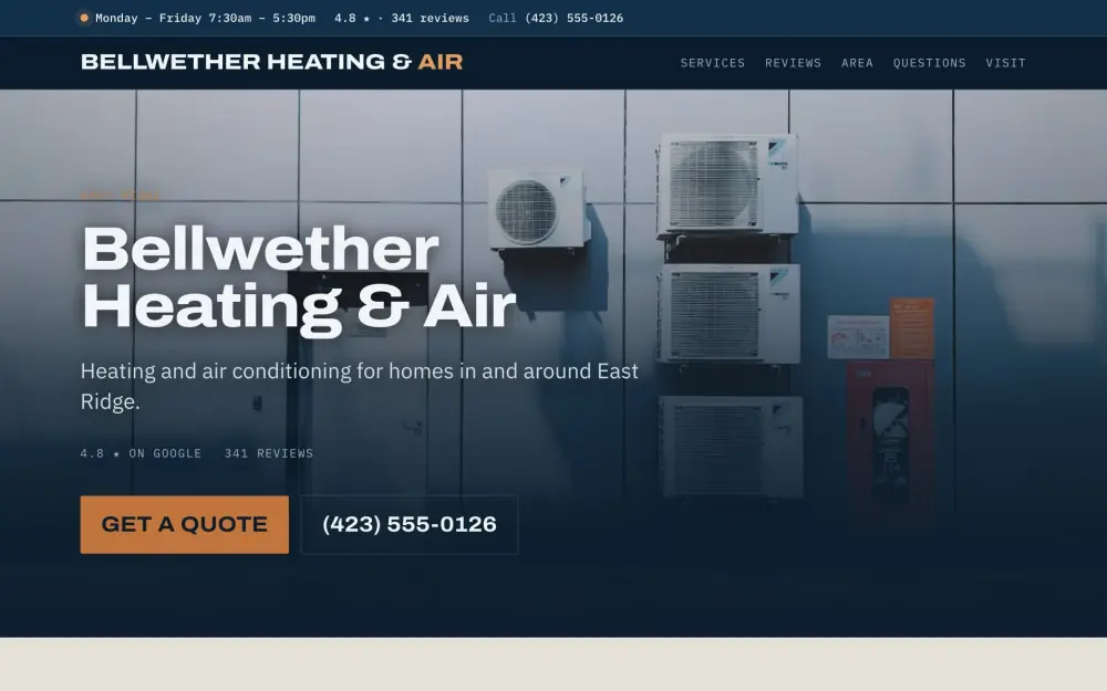 Home page of the Bellwether Heating & Air demo site. A bank of air conditioning units mounted on a grey panelled wall.